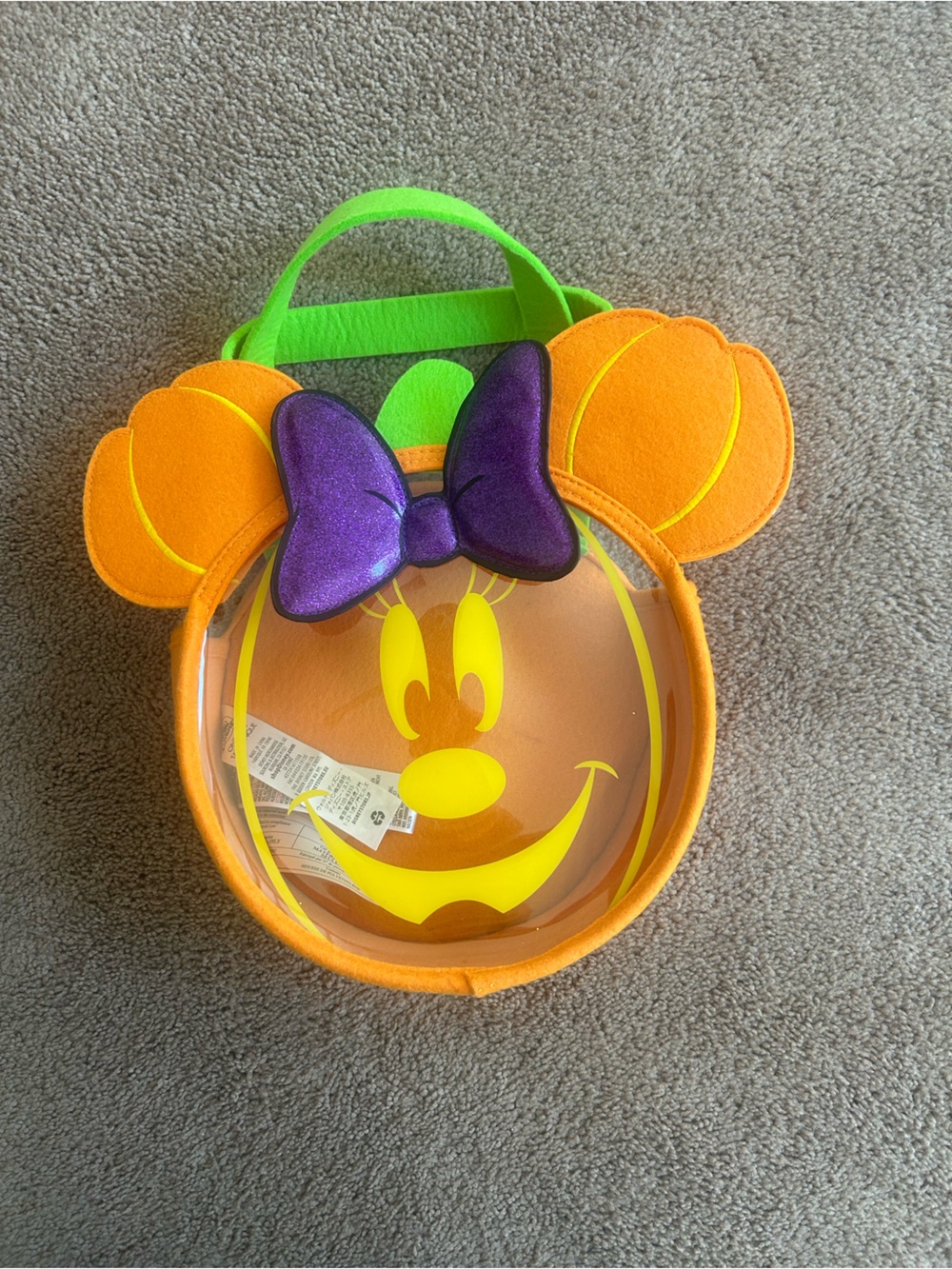 Disney Orange Pumpkin Minnie Trick-or-Treat Bag with Purple Bow and Green Handle